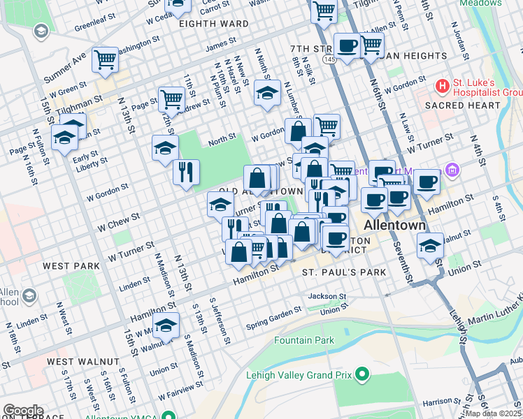 map of restaurants, bars, coffee shops, grocery stores, and more near in Allentown
