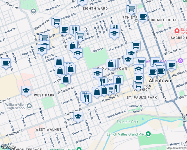 map of restaurants, bars, coffee shops, grocery stores, and more near 1141 Emmett Street in Allentown