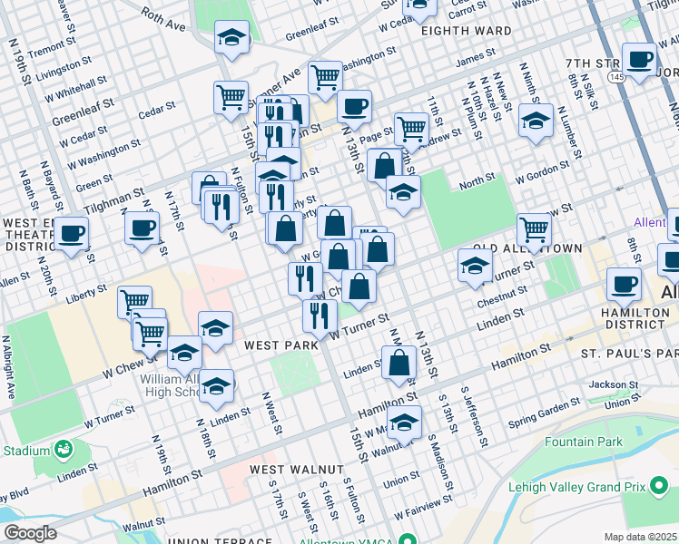 map of restaurants, bars, coffee shops, grocery stores, and more near 1414 West Gordon Street in Allentown