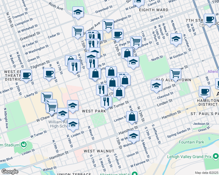 map of restaurants, bars, coffee shops, grocery stores, and more near 1414 West Gordon Street in Allentown