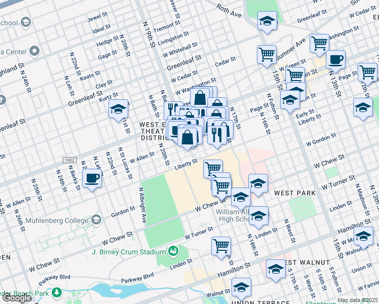 map of restaurants, bars, coffee shops, grocery stores, and more near 530 North Saint George Street in Allentown