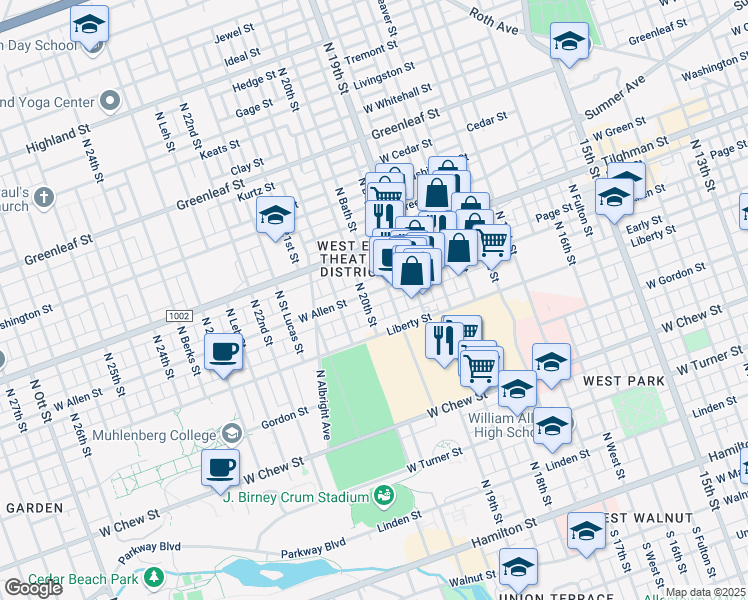 map of restaurants, bars, coffee shops, grocery stores, and more near 1949 Allen Street in Allentown