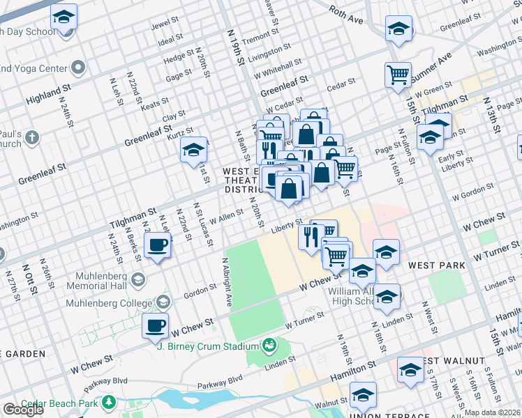 map of restaurants, bars, coffee shops, grocery stores, and more near 1949 Allen Street in Allentown