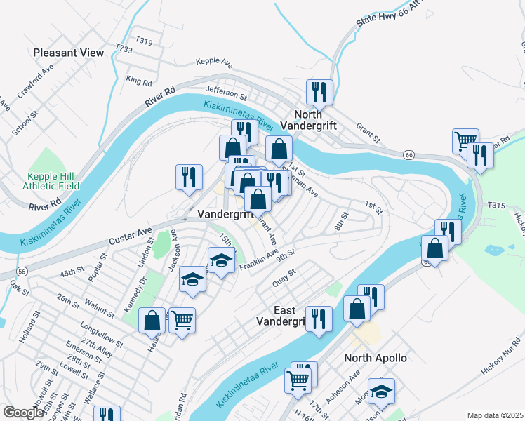 map of restaurants, bars, coffee shops, grocery stores, and more near 149 Farragut Avenue in Vandergrift
