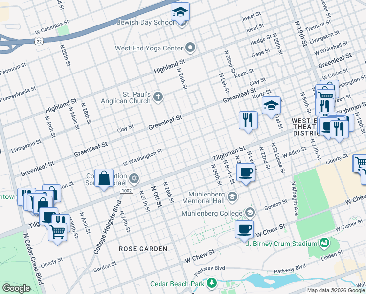 map of restaurants, bars, coffee shops, grocery stores, and more near 2503 West Washington Street in Allentown