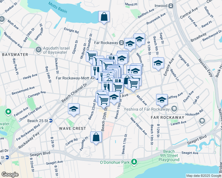 map of restaurants, bars, coffee shops, grocery stores, and more near 10-18 Beach 20th Street in Queens
