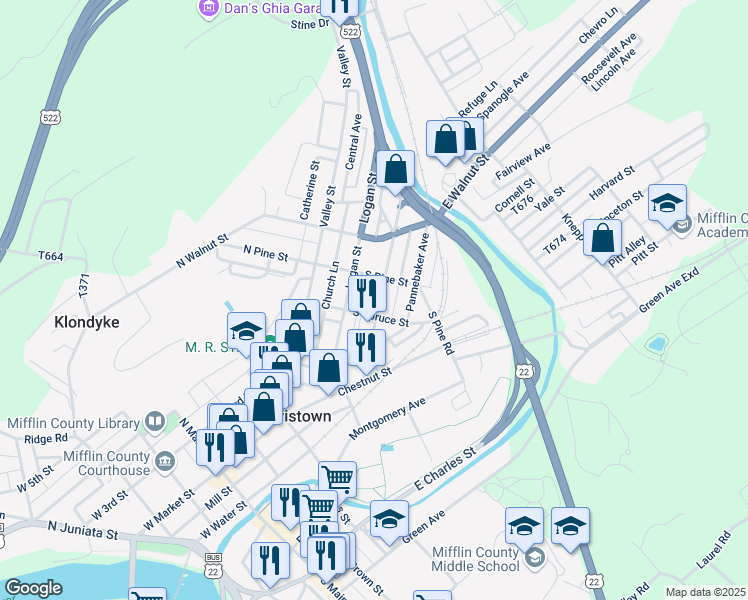 map of restaurants, bars, coffee shops, grocery stores, and more near 115 Shaw Avenue in Lewistown