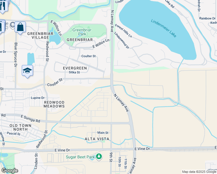 map of restaurants, bars, coffee shops, grocery stores, and more near 1131 Lindenmeier Road in Fort Collins
