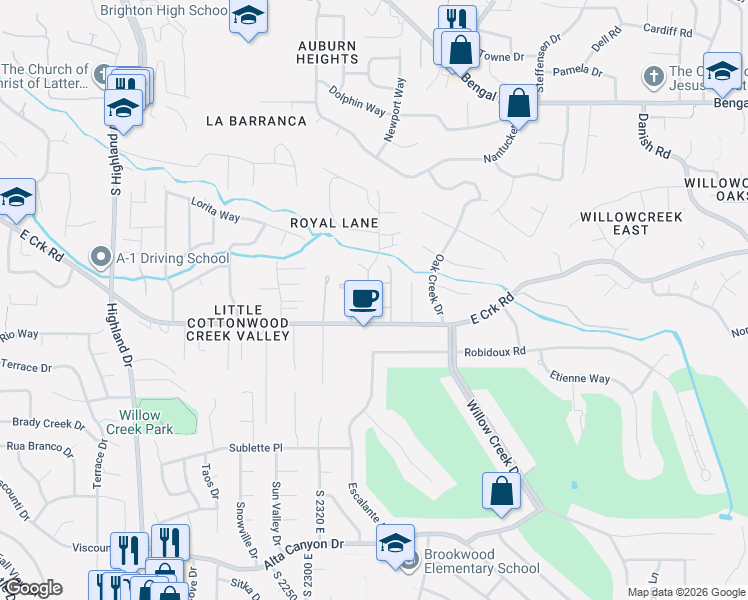 map of restaurants, bars, coffee shops, grocery stores, and more near 2419 East Royal Pine Cove in Cottonwood Heights