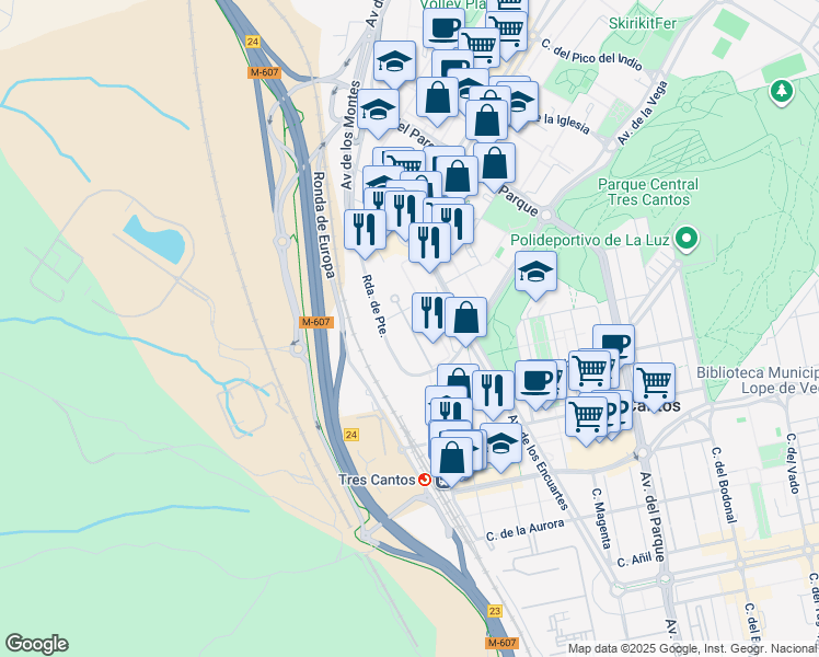 map of restaurants, bars, coffee shops, grocery stores, and more near 4 Ronda de Poniente in Tres Cantos