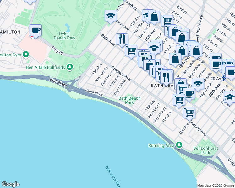 map of restaurants, bars, coffee shops, grocery stores, and more near 310 Bay 13th Street in Brooklyn