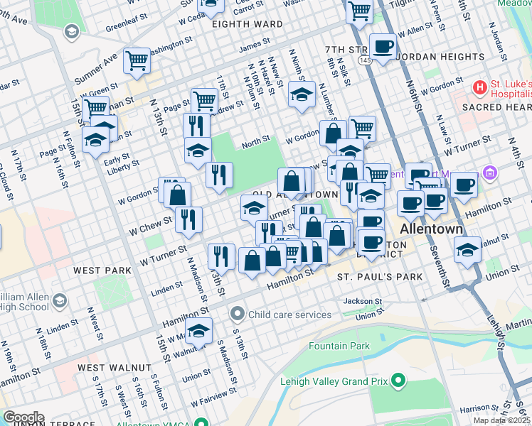map of restaurants, bars, coffee shops, grocery stores, and more near 1101 West Turner Street in Allentown