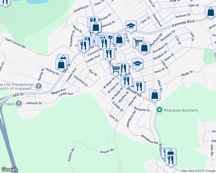 map of restaurants, bars, coffee shops, grocery stores, and more near 2315 West Main Street in Aliquippa