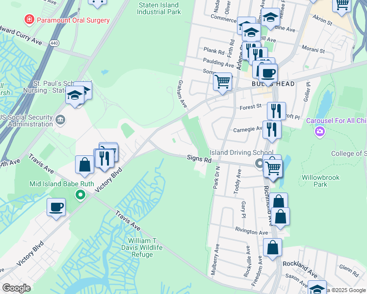 map of restaurants, bars, coffee shops, grocery stores, and more near 120A Dinsmore Street in Staten Island