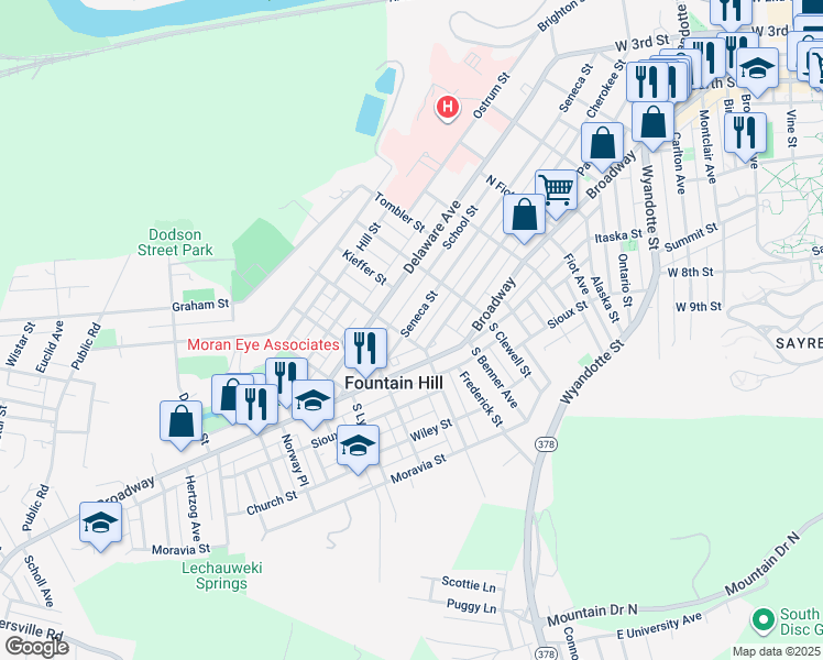 map of restaurants, bars, coffee shops, grocery stores, and more near 1062 Seneca Street in Fountain Hill