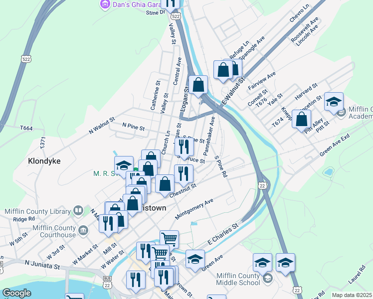 map of restaurants, bars, coffee shops, grocery stores, and more near 115 Shaw Avenue in Lewistown
