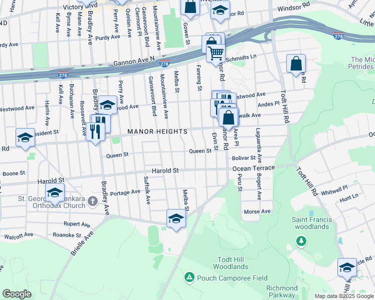 map of restaurants, bars, coffee shops, grocery stores, and more near 361 Melba Street in Staten Island