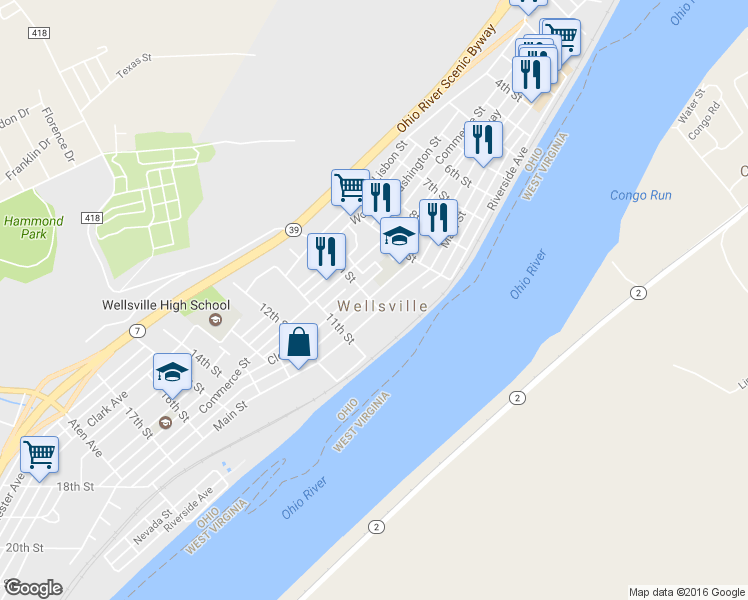 map of restaurants, bars, coffee shops, grocery stores, and more near 209 10th Street in Wellsville