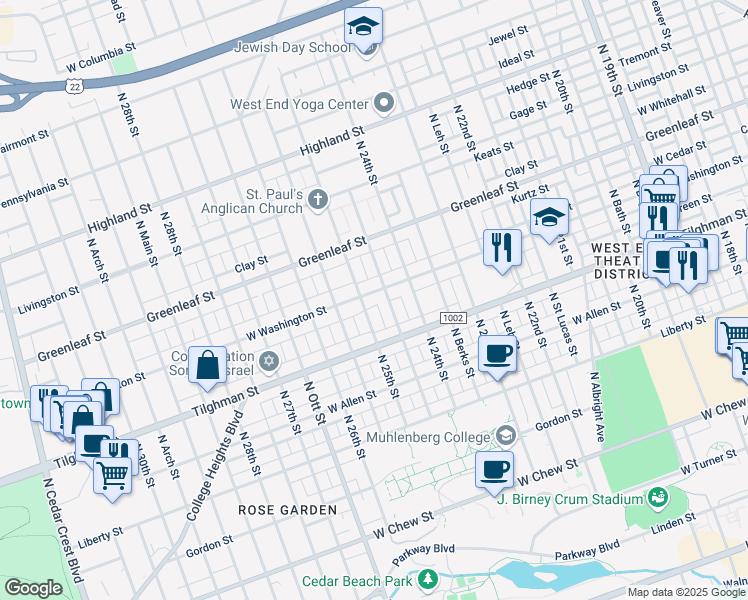 map of restaurants, bars, coffee shops, grocery stores, and more near 2440-2442 West Washington Street in Allentown