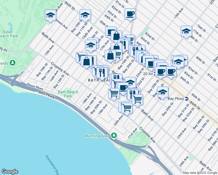 map of restaurants, bars, coffee shops, grocery stores, and more near 1840 Bath Avenue in Brooklyn