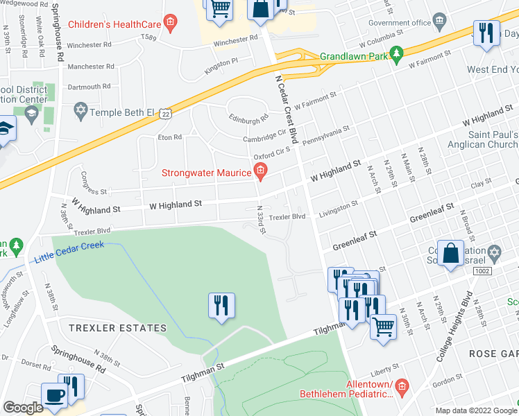 map of restaurants, bars, coffee shops, grocery stores, and more near 1053 North 33rd Street in Allentown