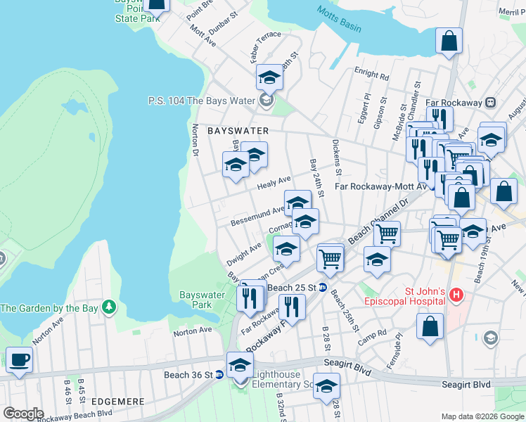 map of restaurants, bars, coffee shops, grocery stores, and more near 25-50 Bessemund Avenue in Queens