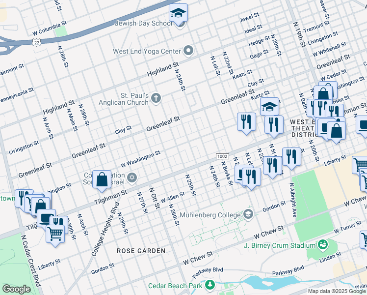 map of restaurants, bars, coffee shops, grocery stores, and more near 2440-2442 West Washington Street in Allentown
