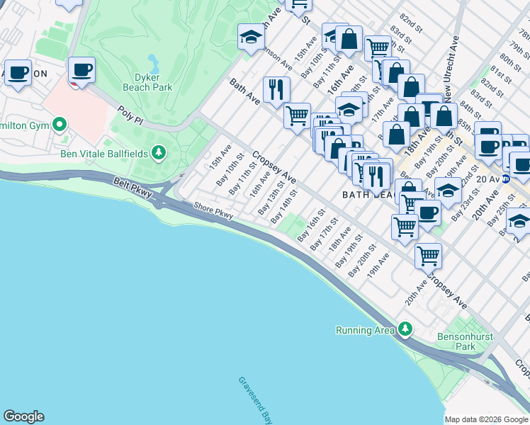map of restaurants, bars, coffee shops, grocery stores, and more near 321 Bay 13th Street in Brooklyn