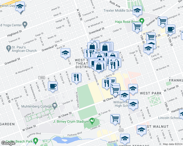 map of restaurants, bars, coffee shops, grocery stores, and more near 1936 West Allen Street in Allentown