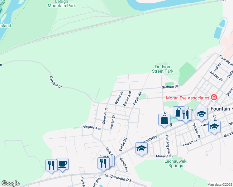 map of restaurants, bars, coffee shops, grocery stores, and more near 1719 Graham Street in Bethlehem