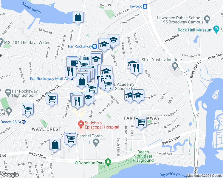 map of restaurants, bars, coffee shops, grocery stores, and more near 12 Nameoke Street in Queens
