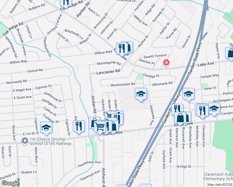 map of restaurants, bars, coffee shops, grocery stores, and more near 10 Spencer Avenue in Woodbridge Township