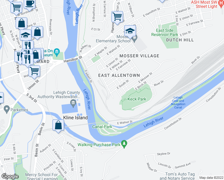 map of restaurants, bars, coffee shops, grocery stores, and more near 141 East South Street in Allentown
