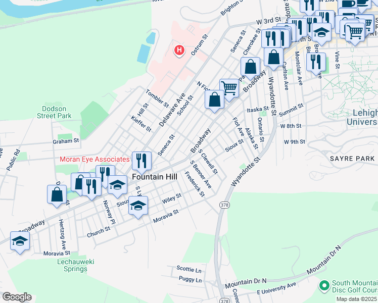 map of restaurants, bars, coffee shops, grocery stores, and more near 1021 Broadway in Fountain Hill