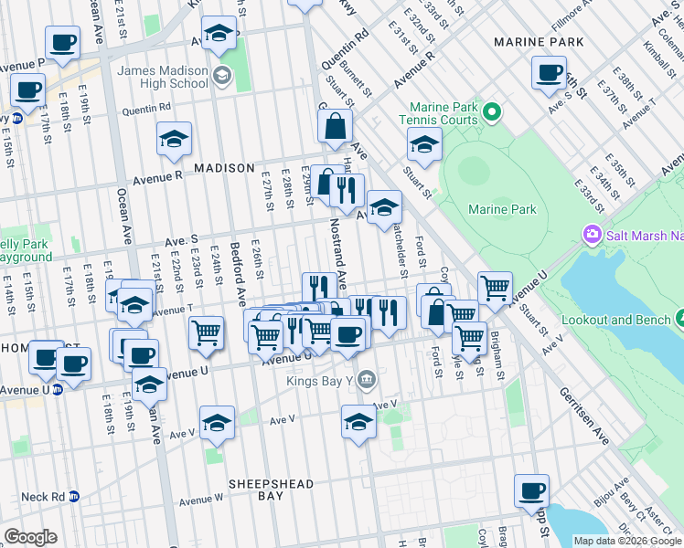 map of restaurants, bars, coffee shops, grocery stores, and more near 3315a Nostrand Avenue in Brooklyn