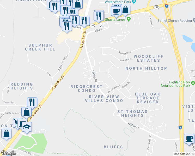 map of restaurants, bars, coffee shops, grocery stores, and more near 247 Hilltop Drive in Redding