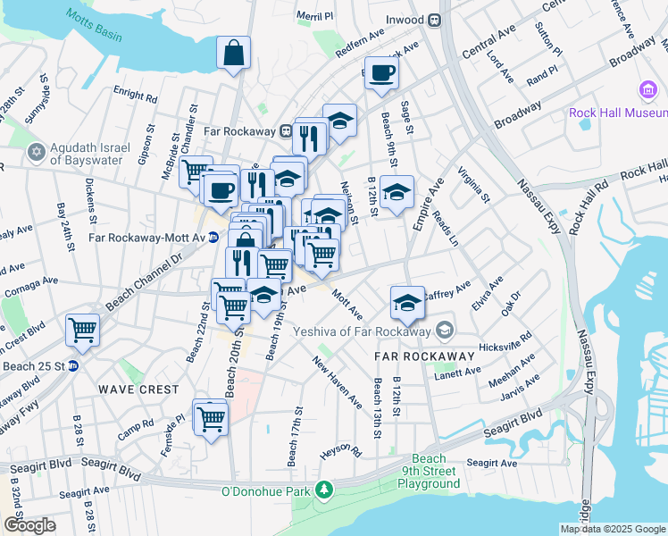 map of restaurants, bars, coffee shops, grocery stores, and more near 12 Nameoke Street in Queens