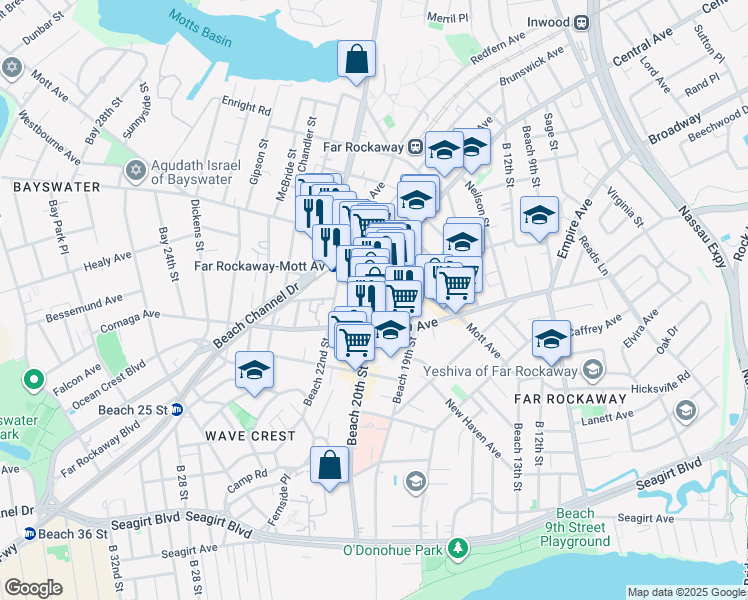map of restaurants, bars, coffee shops, grocery stores, and more near 1046 Beach 21st Street in Queens