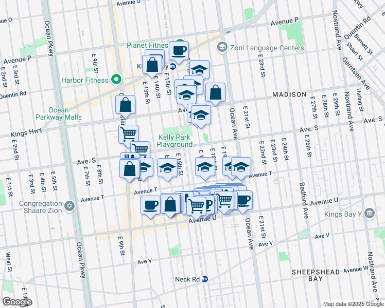 map of restaurants, bars, coffee shops, grocery stores, and more near 1610 Avenue S in Brooklyn