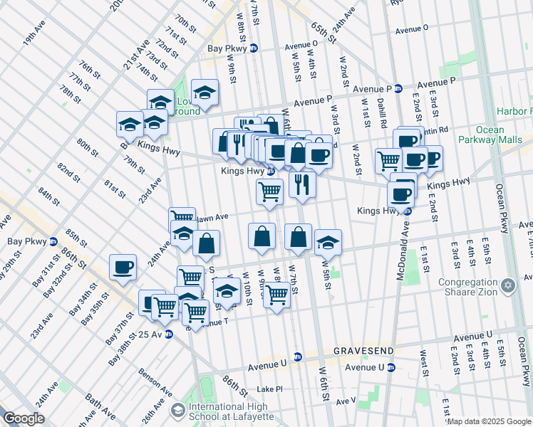 map of restaurants, bars, coffee shops, grocery stores, and more near 1789 West 9th Street in Brooklyn