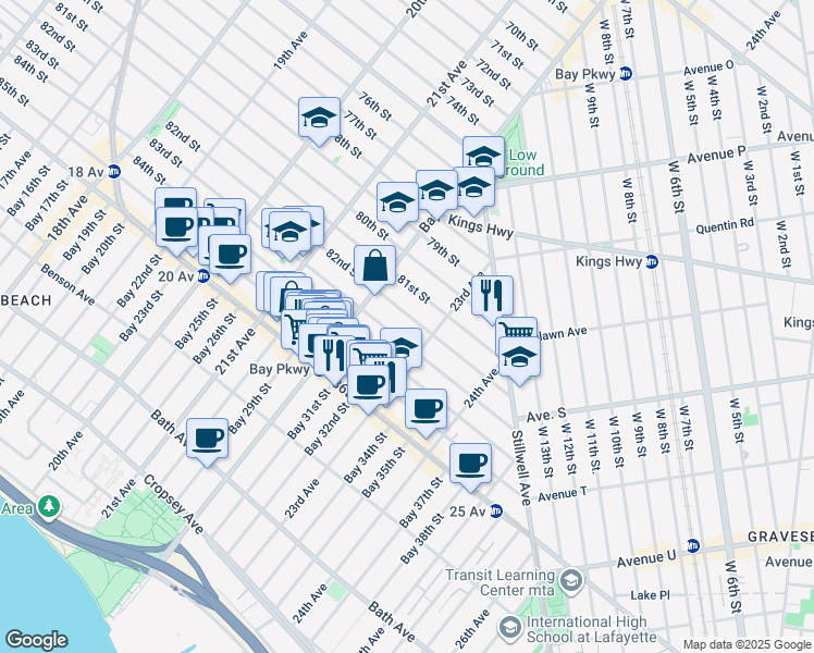 map of restaurants, bars, coffee shops, grocery stores, and more near 2240 82nd Street in Brooklyn