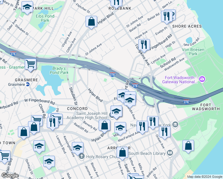 map of restaurants, bars, coffee shops, grocery stores, and more near 51 Claradon Lane in Staten Island