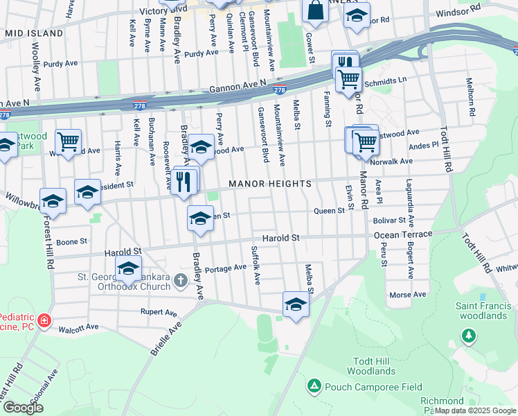 map of restaurants, bars, coffee shops, grocery stores, and more near 14 Duke Place in Staten Island