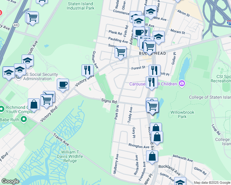 map of restaurants, bars, coffee shops, grocery stores, and more near 101 Dawson Circle in Staten Island