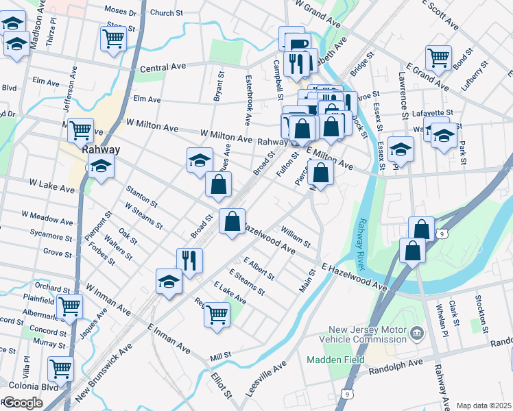 map of restaurants, bars, coffee shops, grocery stores, and more near 1157 Fulton Street in Rahway