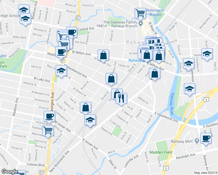 map of restaurants, bars, coffee shops, grocery stores, and more near 49 West Hazelwood Avenue in Rahway