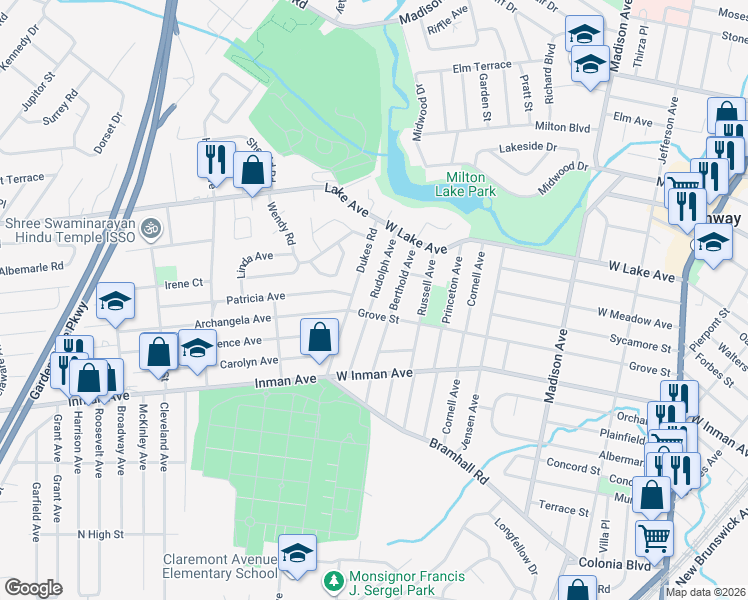 map of restaurants, bars, coffee shops, grocery stores, and more near 231 Dukes Road in Rahway