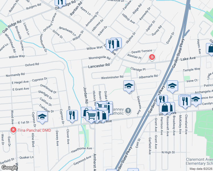 map of restaurants, bars, coffee shops, grocery stores, and more near 10 Spencer Avenue in Woodbridge Township