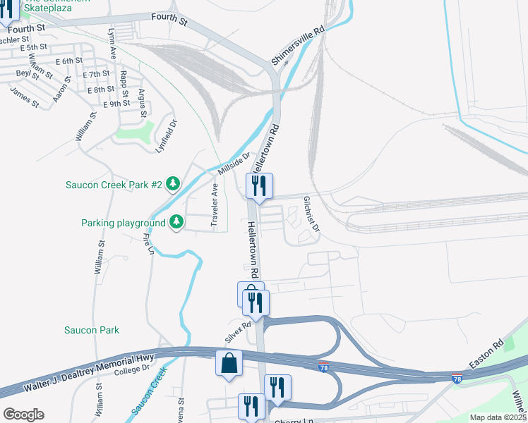 map of restaurants, bars, coffee shops, grocery stores, and more near 2120A Coke Works Road in Bethlehem