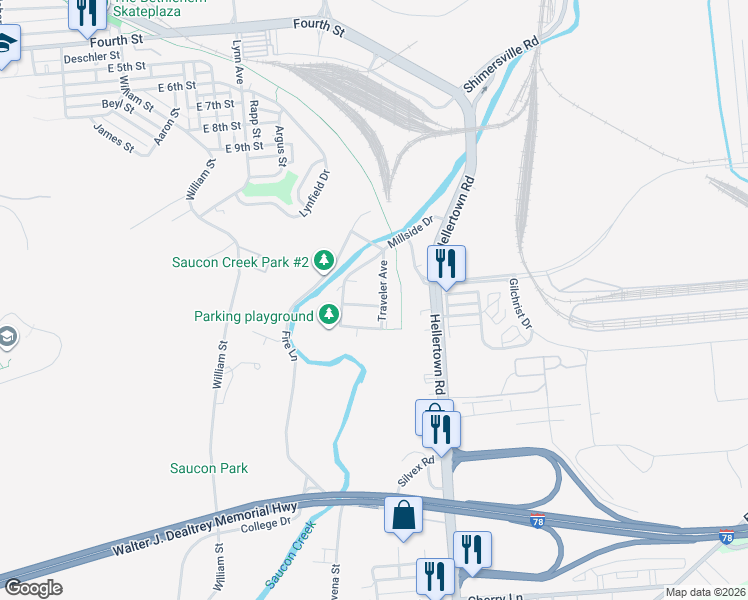 map of restaurants, bars, coffee shops, grocery stores, and more near 1857 Norwood Street in Bethlehem